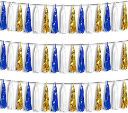 3P Navy-Blue White-Gold Foil Fringe Metallic Tassel-Garland, Tassels Banner Streamers for Parade Floats, Bachelorette, Wedding, Birthday, Halloween, Christmas, Bridal/Baby Shower Party Decorations