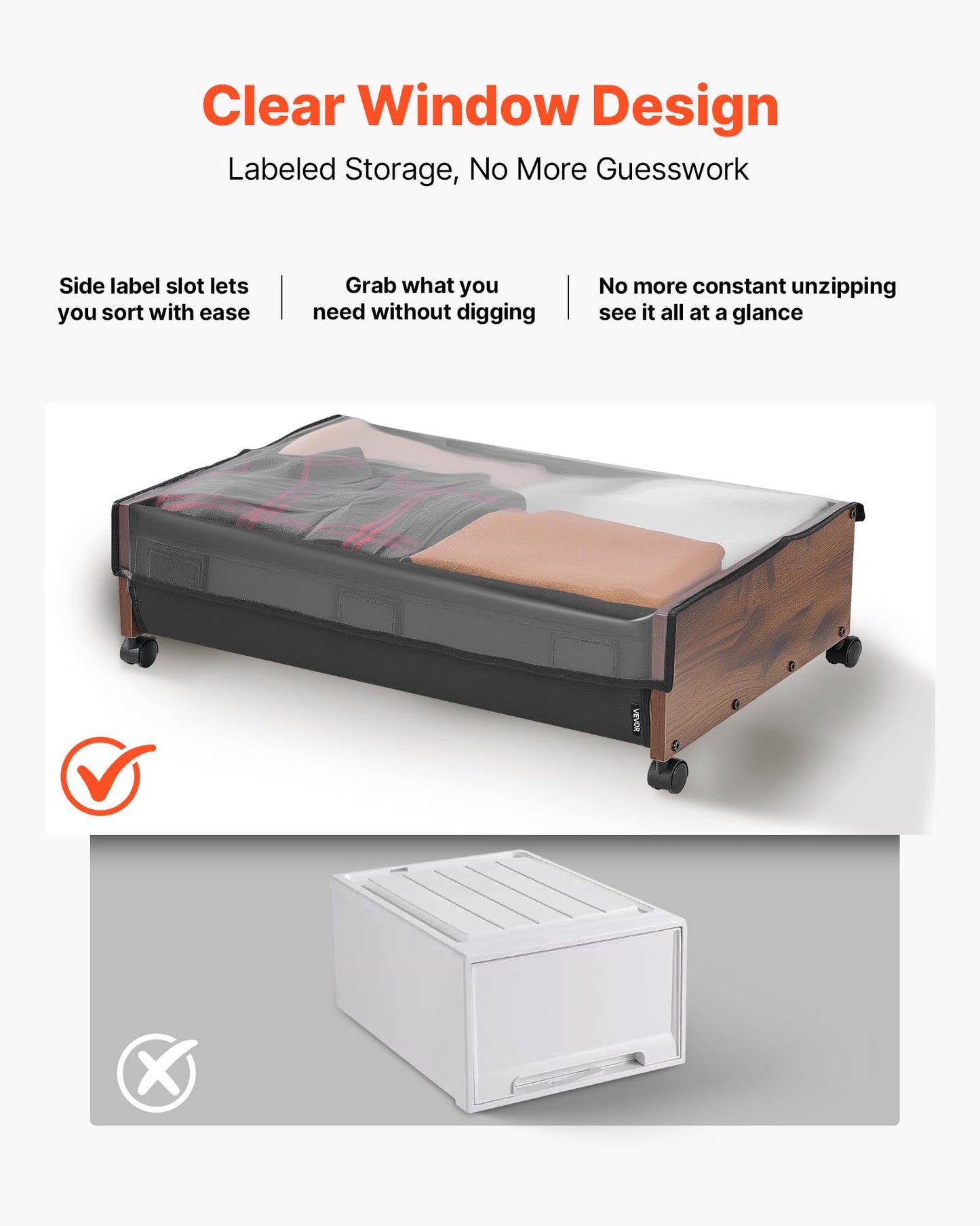 VEVOR Under Bed Storage with Wheels, 36.0 x 18.1 x 7.3 inch, Underbed Containers with Clear Lid
