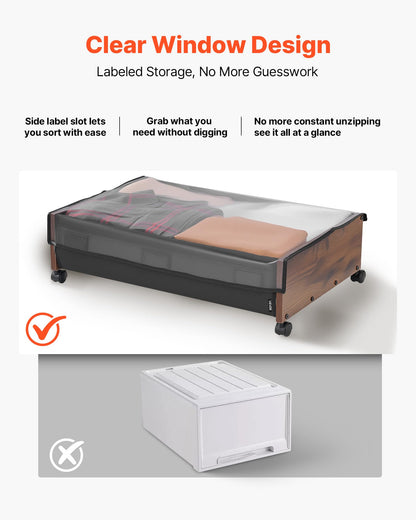 VEVOR Under Bed Storage with Wheels, 36.0 x 18.1 x 7.3 inch, Underbed Containers with Clear Lid