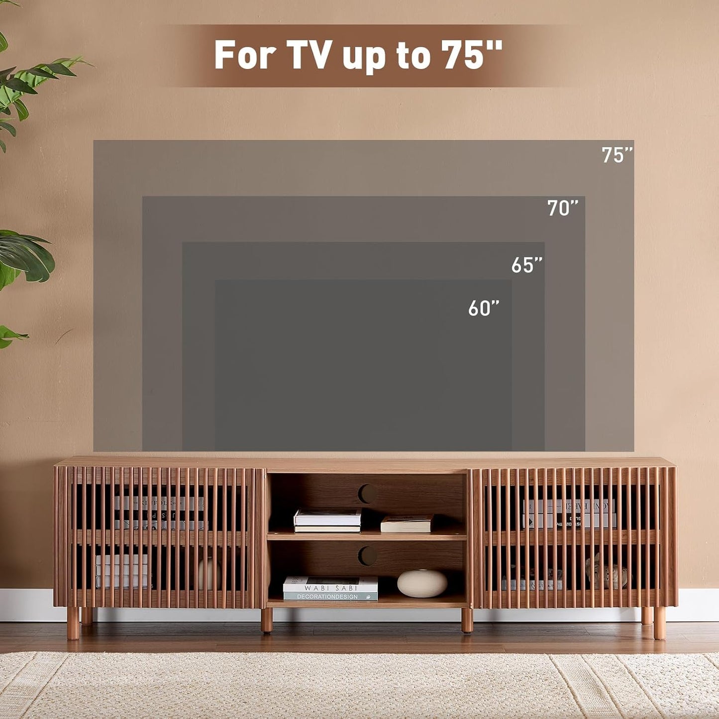 Bonzy Home 70" Mid Century Modern TV Stand, TV Console for TV up to 75", Slatted Entertainment Center with Storage and Open Shelves for Living Room, Bedroom, and Media Room