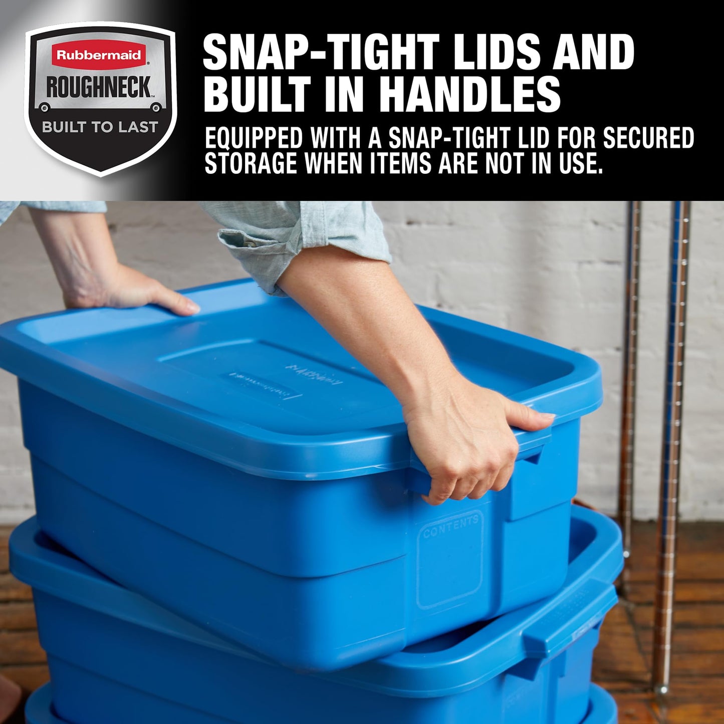 Rubbermaid Roughneck Tote 10 Gal, 6 Pack, Made in USA, Heritage Blue, Rugged Plastic Stackable