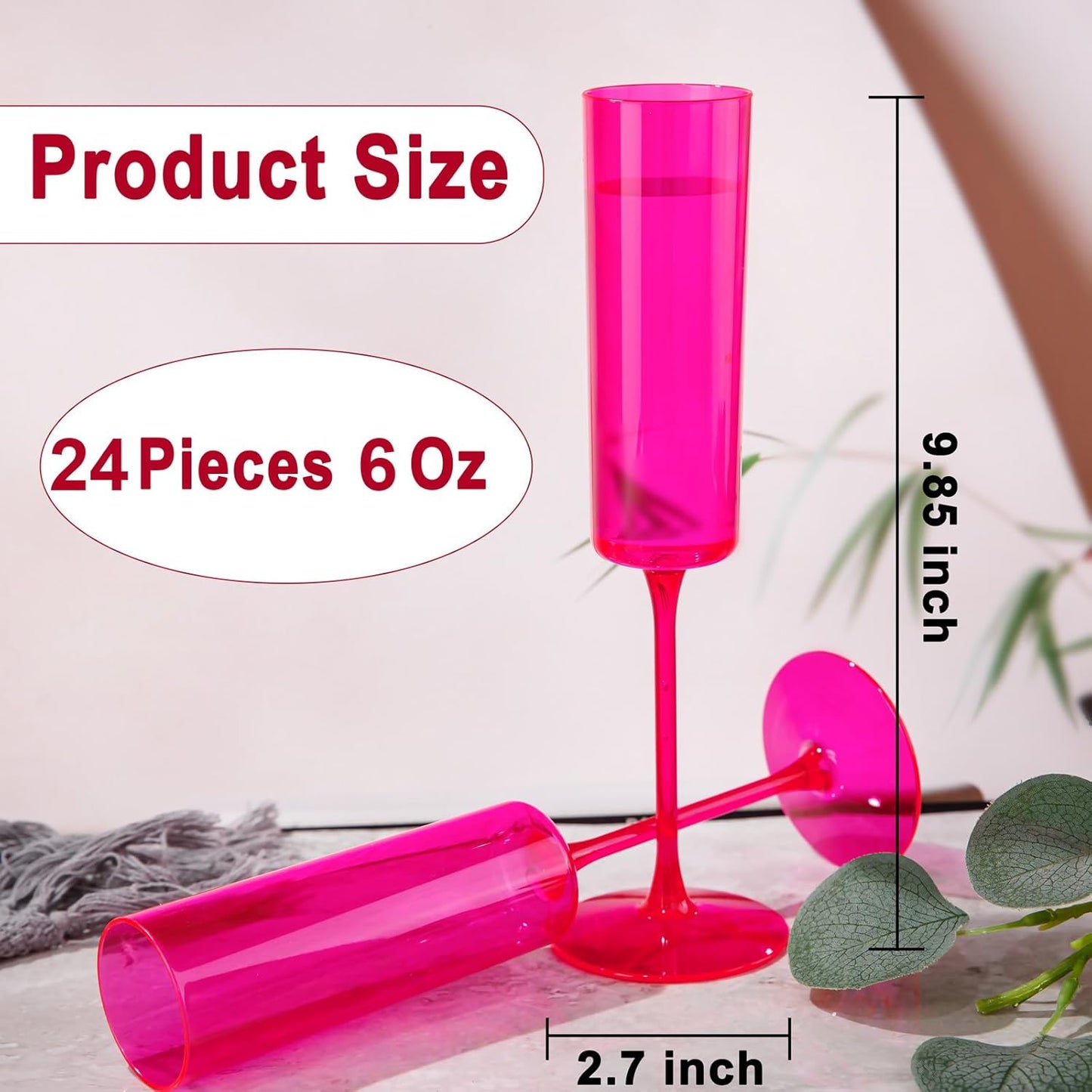 Ciaell 24 Pack Plastic Champagne Flutes - Hot Pink 6 Oz Disposable Champagne Glasses - Square Plastic Toasting Glasses for Party Birthday Anniversary Wedding