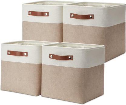 DULLEMELO 11 inch Cube Storage Bins, Large Collapsible Grey Storage Baskets for Square Cubes Organizing, Fabric Boxes Bins for Shelves Nursery Home Office Storage(4 Pack - 11" White&Khaki)