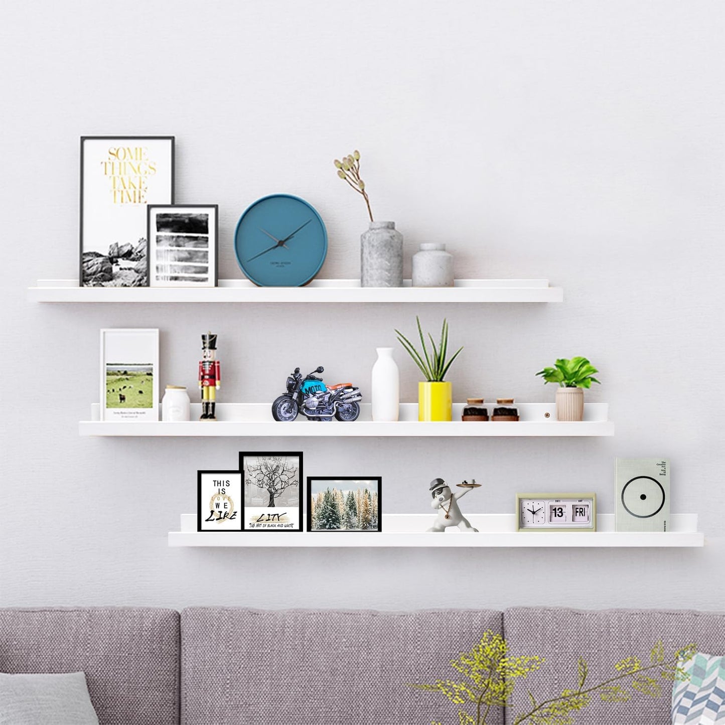 AZSKY 36 Inch Floating Shelves with Ledge White Natural Wood Picture Ledge Shelf 3 Pack Floating Shelf Picture Frame Holder for Bedroom Bathroom Living Room Kitchen Same Sizes