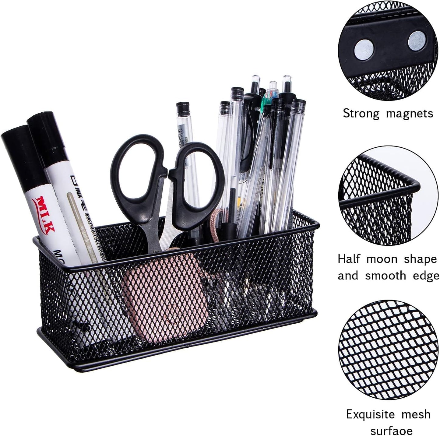 dedoot Magnetic Pencil Holder, Black Mesh Pen Organizer Strong Magnetic Storage Basket Organizes Pens, Pencils, Markers for Whiteboard, Locker, Fridge, Cubicle Desk, Offices 6.3x2.3x2.6inch,2 Pack