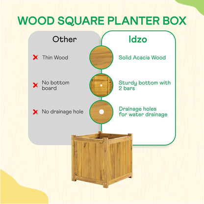 IDZO Acacia Wood Flower Planter Box for Outdoor Plants, 1pc Wooden Raised Garden Bed with Handles, Drainage Holes, Ideal for Garden and Home Décor, Golden Teak