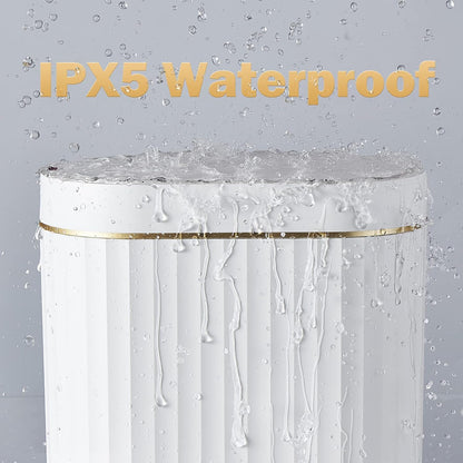 ELPHECO Automatic Motion Sensor Trash Can - 2 Gallon Slimline for Bathroom, Bedroom, Kitchen, Office - White with Gold Trim