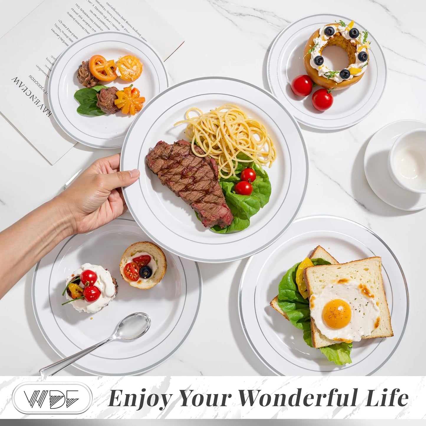 350 Pcs Silver Plastic Plates - Silver Dinnerware Set of 50 Dinner Plates 50 Dessert Plates 50 Silverware 50 Napkins 50 Cups for Party&Wedding