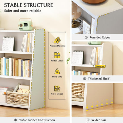 IOTXY Wooden Extendable Shelf Bookcase - 3-Tier Ladder Low Short Bookshelf for Small Space or Corner, White, L