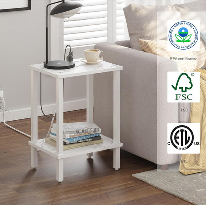 TUTOTAK End Table with Charging Station, Small Side Table with Outlets, Nightstand Bedside Table, 2-Tier Storage Shelf for Small Space, Living Room, Bedroom, Marble White TB01BMW040