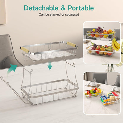 3 Tier Fruit Basket for Kitchen Counter with 2 Mobile Banana Hangers, 2025 Pro Detachable Metal Fruit Bowl with Wooden Handle, Fruit Holder for Bread Snack Veggies, Silvery