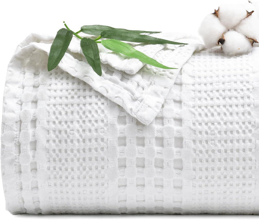 PHF Cooling Waffle Blanket Queen Size, Lightweight 60% Rayon Derived from Bamboo & 40% Cotton Breathable Blanket for Hot Sleepers, Soft and Luxury for Bed Couch and Sofa, 90"x90", White