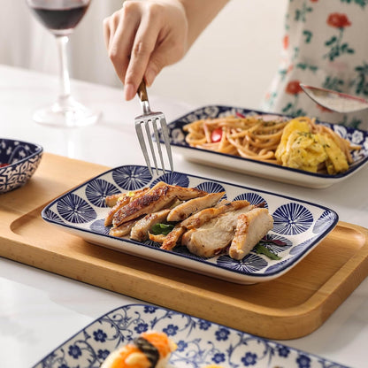 Selamica Ceramic Rectangular Salad Plates Set, Dinner Plate 9.4 Inch Dessert Plates for Party Entertaining, Small Serving Plates for Appetizers, Sushi, Fruit, Set of 4, Vintage Blue