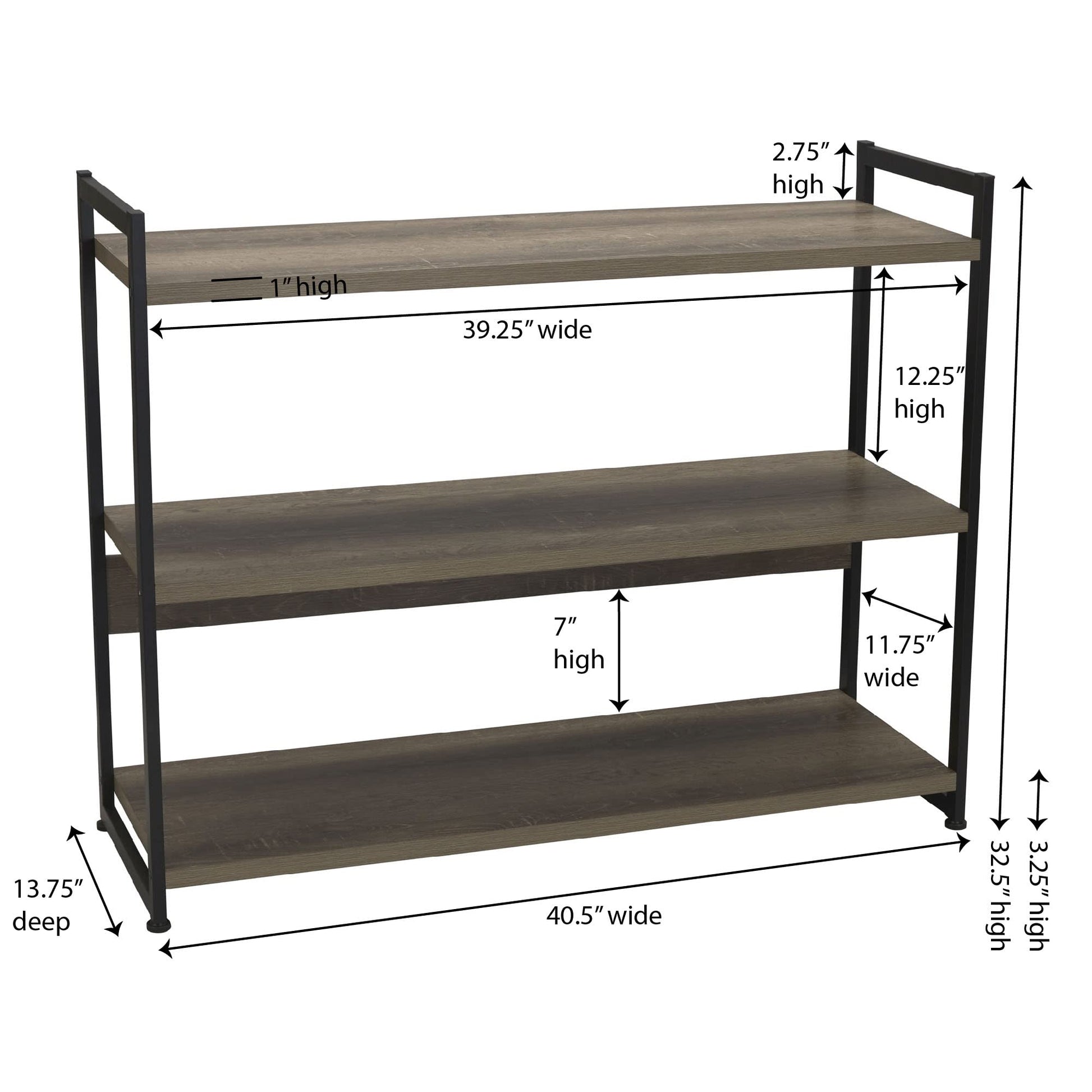 Household Essentials Wide 3‑Shelf Open Storage Bookshelf in Oak Rustic Wood Grain and White Metal