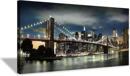 Brooklyn Bridge Canvas Wall Art: Skylines Lights & Reflections in New York Artwork for Decor