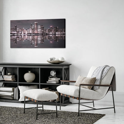 Conipit Chicago Wall Art Chicago Skyline Artwork City Night Downtown Picture Cityscape Painting Framed for Bedroom Home Office Decor 24"x48"