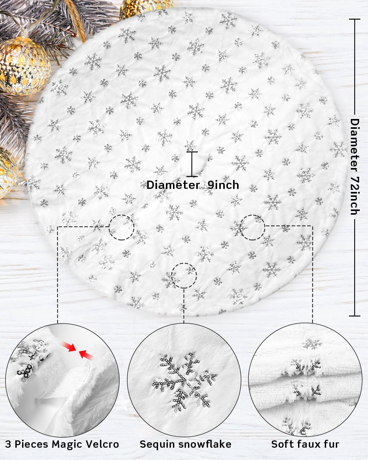 COOLWUFAN 72 Inches Christmas Tree Skirt for Xmas Tree Holiday Party Decorations White Plush Silver Sequin Snowflake (Silver)