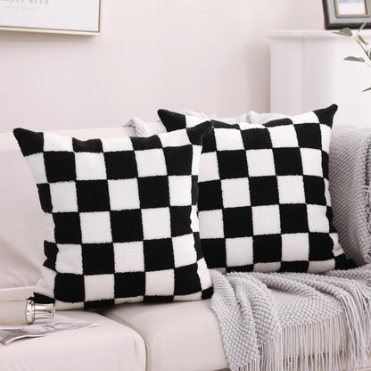 Alysheer Checkered Embroidered Decorative Throw Pillow Covers 18"x 18" Set of 2, Farmhouse Cottage Black White Plaid Tufted Patterned Cotton Canvas Cushion Case for Sofa Couch Bed Living Room