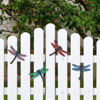 Metal Dragonfly Wall Decor Art, 4 Pack Colorful Metal Dragonflies Outdoor Wall Art, Hand Painted Outdoor Wall Decor for Garden, Yard, Fence, Patio, Outside, Living Room Decoration