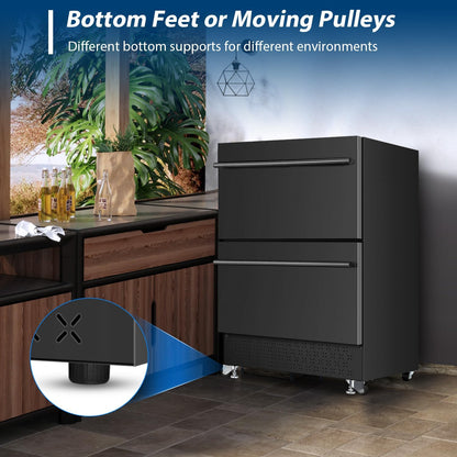 Tylza Under Counter Drawer Fridge 24 Inch, Built-in/Freestanding Beverage Refrigerator for Home and Commercial Use, Stainless Steel Material, Fast Cooling, Low Noise, Black