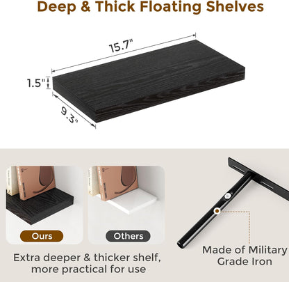 Fun Memories Black Floating Shelves 16 Inch Long, 9 Inch Deep Wall Shelf for Bathroom, 16 x 9 Floating Shelf for Living Room, Bedroom, Kitchen, Rustic Wood Shelves for Wall, Set of 2