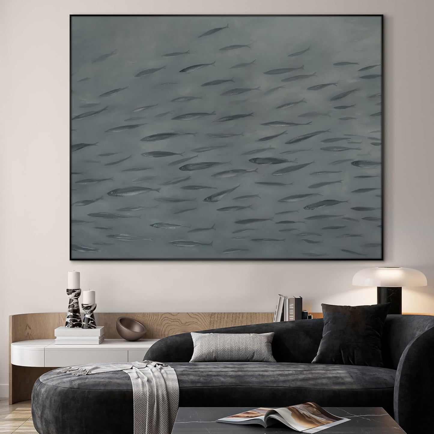 SIGNWIN 36"x46" Extra Large Framed Wall Art Gray School of Fish Minimalist Ocean-Inspired Marine Life Illustration for Home Living Room Bedroom Decor (Frame Assembly Required)