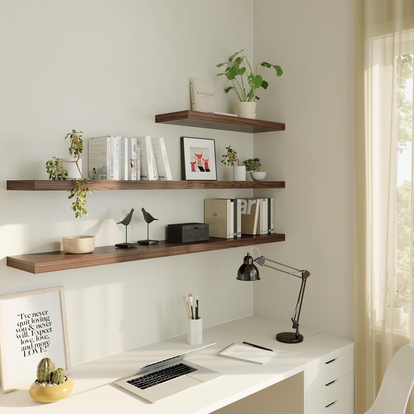 Large Floating Shelves for Wall Set of 3 Wooden Wall Shelves 36 in x 12.75 in x 2 in Room Decor Long Shelf with Invisible Wall Mount Bracket for Bedroom Kitchen Living Room Walnut