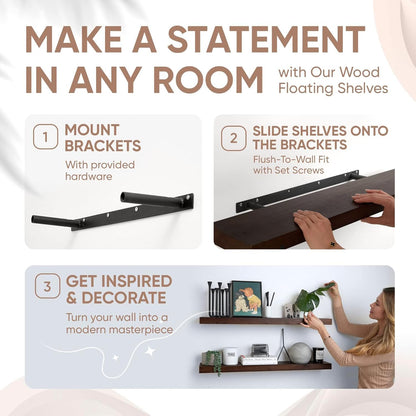 Homeforia Walnut 36 inch Floating Shelf, High End Solid Real Wood 36inch Large Shelves for Bathroom Wall, Dark Brown 36 inches Long Floating Shelves, Heavy Duty Bracket, 36 X 6.5 X 1.75 inch, Set of 2