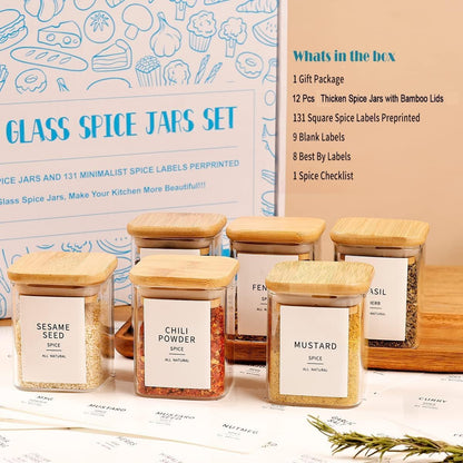 12 Pcs Square Glass Spice Jars with Natural Bamboo Lids - 9oz Airtight Herb Containers with 148 Waterproof Minimalist Spice Labels Preprinted - Empty Small Seasoning Jars for Kitchen Pantry