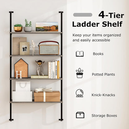 Giantex 4-Tier Industrial Bookshelf, Wall Mounted Pipe Shelving Unit, Floating Shelves with Metal Frame, Hanging Wall Display Shelf, Wood Ladder Bookshelf for Living Room, Kitchen,Gray Oak
