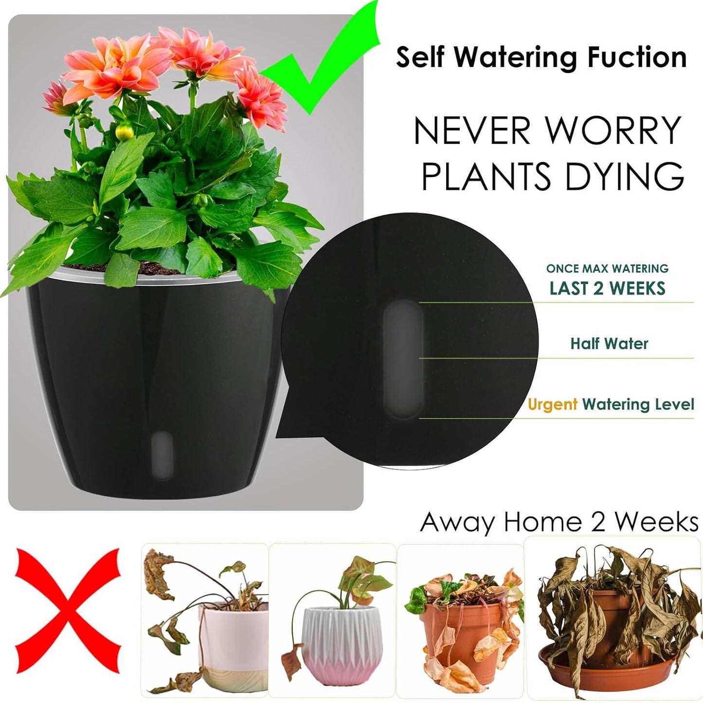 Self-Watering Pots for Indoor Plants, 6-Pack 6.7'' Self Watering Planter with Drainage Holes, Small African Violet Pots with Water Indicator, Clear Wick Pot, Black