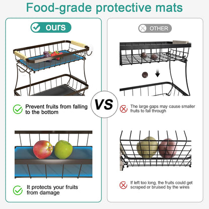 2 Tier Fruit Basket for Kitchen Counter with 2 Banana Hangers, 2025 Pro Detachable Metal Fruit Bowl with Wooden Handle,Fruit Holder for Bread Snack Veggies, Brown