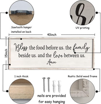 Bless the Food Before Us Sign Wall Decor 40"X15" Large Farmhouse Dining Room Wall Decor Framed Wood Rustic Home Wall Art Kitchen Decoration (White)