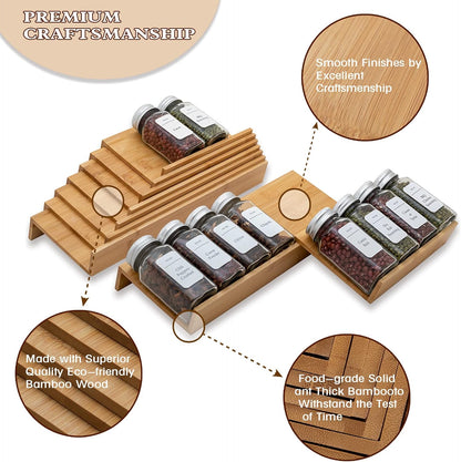 Bamboo Spice Rack Drawer Organizer - 8 Pieces Set- 11" Wide Per Piece - Combine Pieces Into 22" Wide Rack (11" or 22")