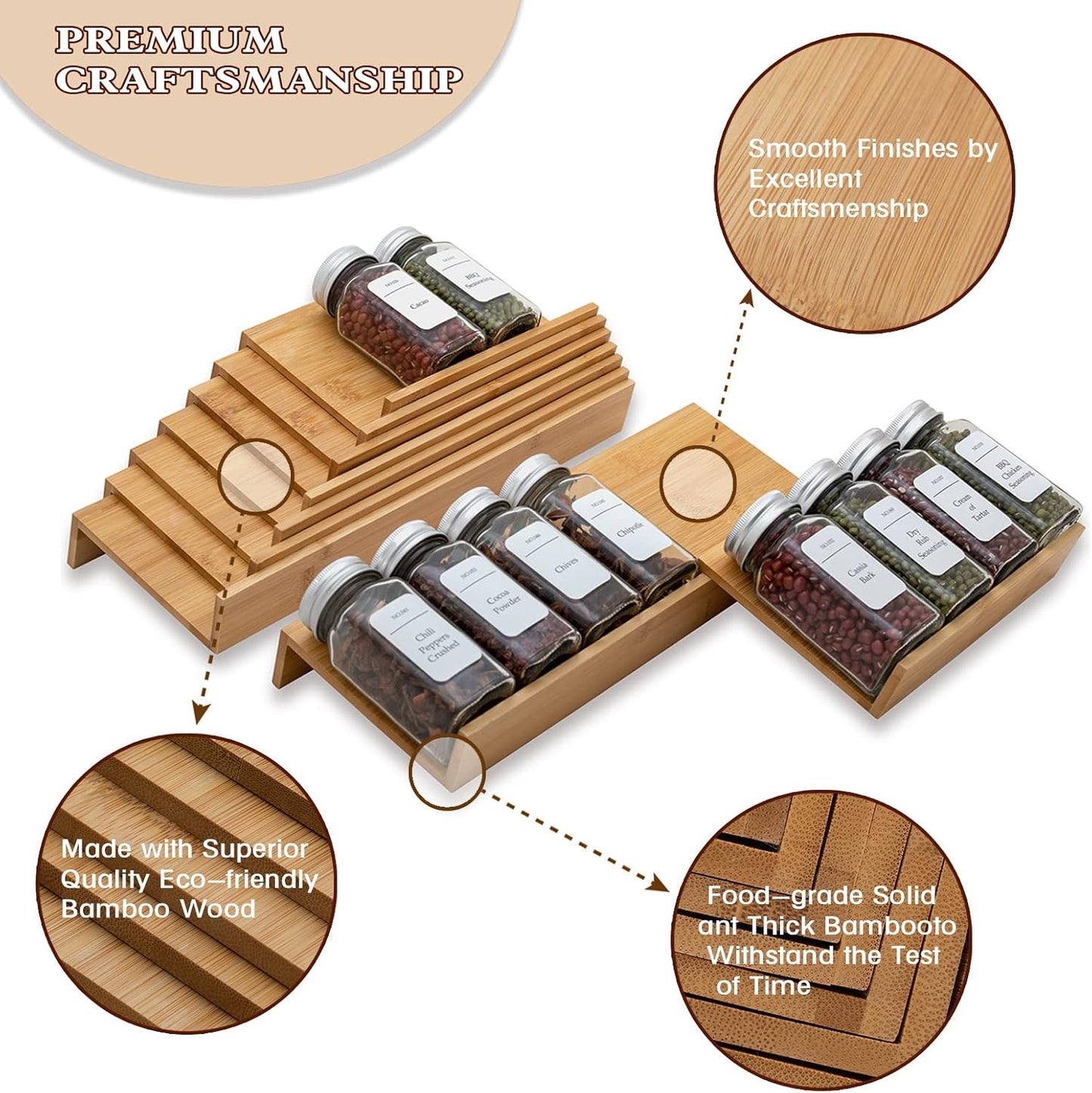 Bamboo Spice Rack Drawer Organizer - 8 Piece Set - 12" Wide, Combine Into 24" Rack (12" or 24")