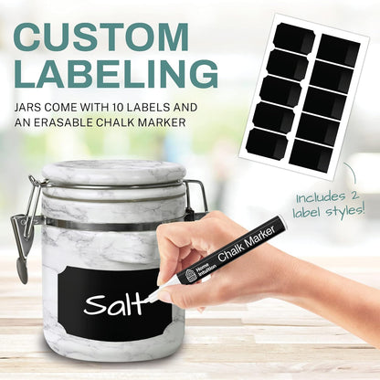 Home Intuition 4-Piece Ceramic Kitchen Canisters Set, Airtight Containers with Wooden Spoons Reusable Chalk Labels and Marker for Sugar, Coffee, Flour, Tea (White Marble)