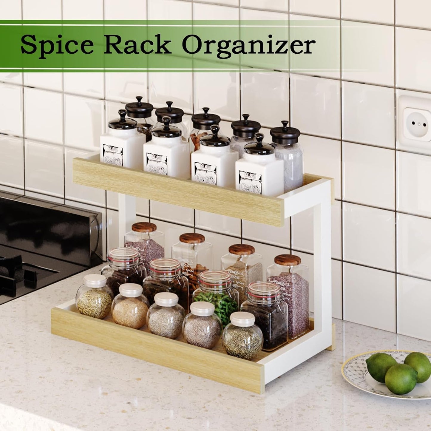 MARTY 2 Tier Spice Rack Organizer for Countertop, 15.8''L Coffee Station/Bathroom Organizer Countertop, Counter Shelf Desktop Storage Organizer for Kitchen, Bedroom, Office