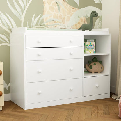 Changing Table Dresser, Baby Classic Nursery Dresser with 5 Drawers and 2 Shelves, Multi-Functional Baby Changing Table, Diaper Changing Station for Children's Room, White