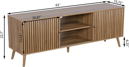 Mid Century Modern TV Stand for Televisions up to 70 Inches, with Sliding Doors and Storage, Television Stands, TV Consoles, Media Consoles for Living Room, 63 Inch (Walnut)