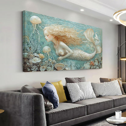 LASMOND Ocean Mermaid Wall Art for Girls Room Modern Canvas Prints Marine Organism Underwater World Sea Creatures Artwork Paintings Women Bedroom Wall Decor (30x16 Inches)