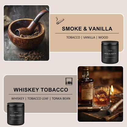 2 Pack Candle | Smoke & Vanilla + Whiskey Tobacco - Candles for Men - Masculine Candle, Soy Candles for Home Scented - Gifts for Men, Home Fragrance Manly Gifts - Each of 7oz
