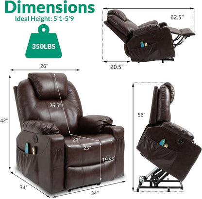 VIVIJASON Power Lift Chair Electric Recliner for Elderly Heated Vibration Massage Faux Leather Recliner Chair with 2 Remote Controls, Cup Holders, Side Pockets & USB Ports for Living Room (Brown)