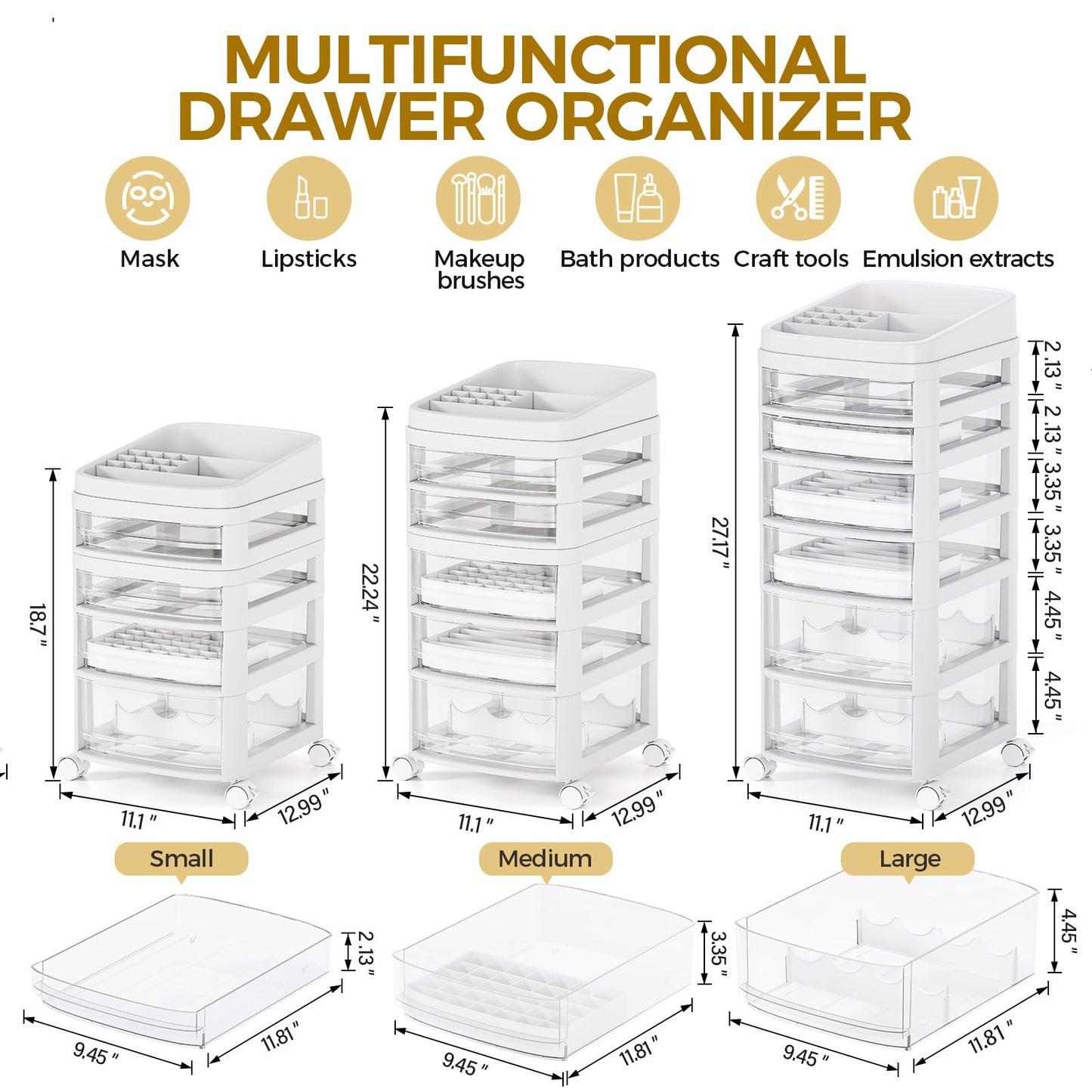 Rolling Cart with 6 Drawers, Clear Plastic Drawer Organizers, Vanity Cart