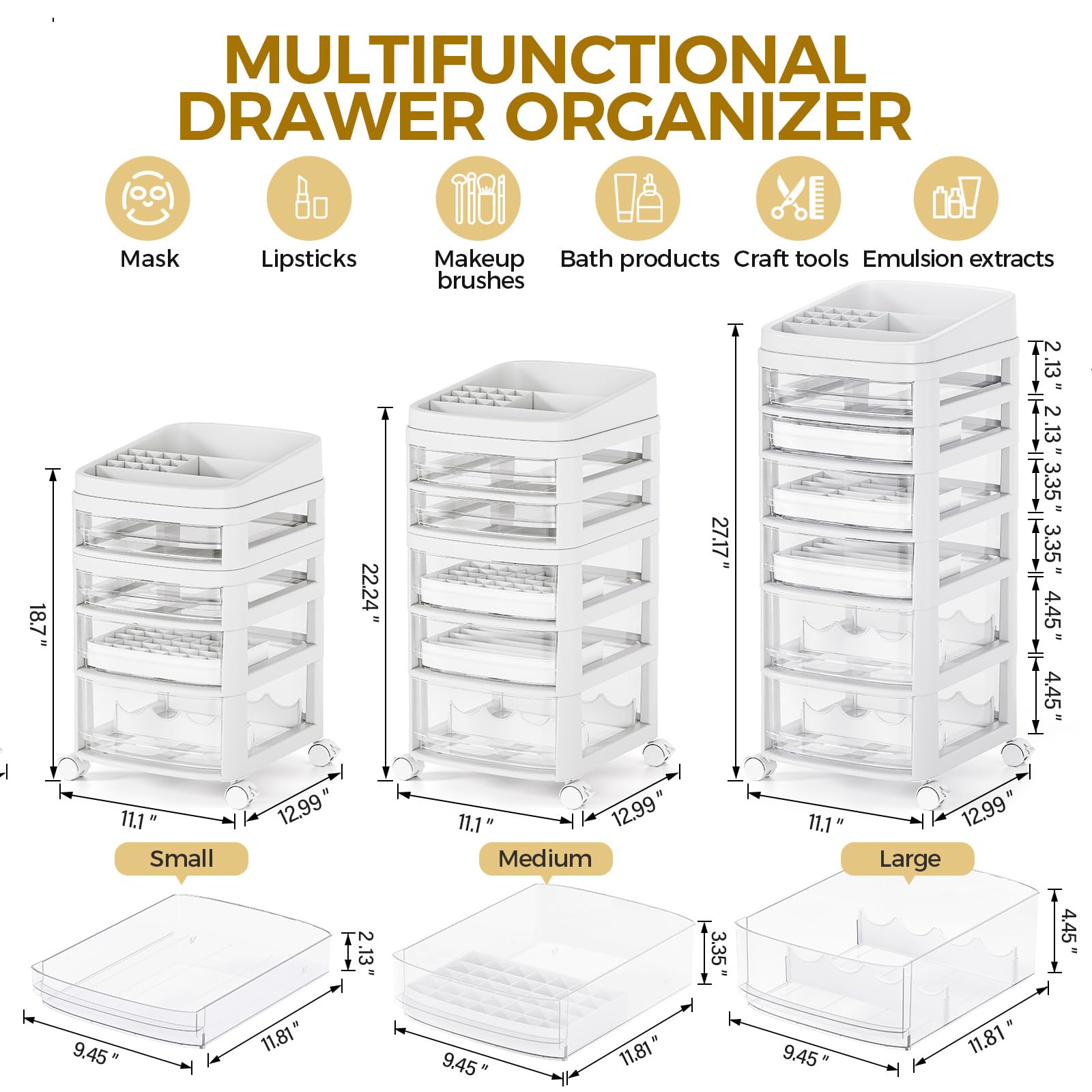 Rolling Cart with 6 Drawers, Clear Plastic Drawer Organizers, Vanity Cart