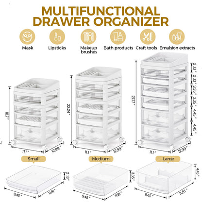Rolling Cart with 6 Drawers, Clear Plastic Drawer Organizers, Vanity Cart