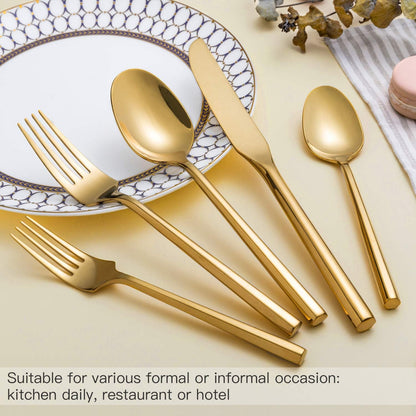 Silverware Set Flatware Set Shiny Gold Cutlery Set with Hexagon Handle Forged Stainless Steel Heavy 20 Pieces For Home Hotel Use Service for 4