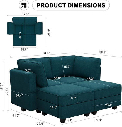 Bellfin Modular Sectional Sleeper Sofa Convertible Sofas with Storage Ottomans Small Sectional Couches for Living Room. Peacock Blue Couch