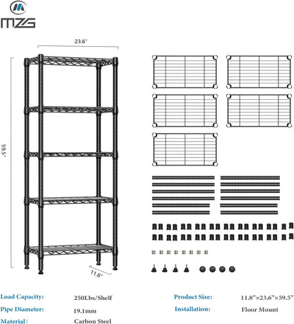 1250 lbs 5 Tier Shelf Metal Storage Shelves Wire Rack Closet Organizers for Garage Kitchen Bathroom Laundry Black 11.8" D x 23.6" W x 59.5" H