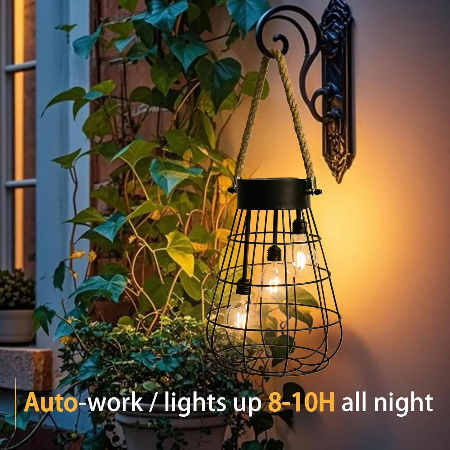 Solar Hanging Lantern with Rope, Vintage Industrial Pendant Light, 12.8" Solar Powered Outdoor Lantern, IP65 Waterproof Garden Light, Warm White Glow, Rechargeable for Patio, Porch, Yard Decor