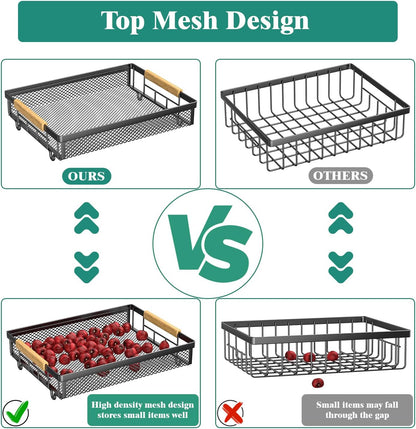 Giwil 3 Tier Countertop Fruit Mesh Basket for Kitchen, Vegetable Storage Bread Fruit Bowl Stand with 2 Banana Hooks, Wall Mounted Metal Wire Basket Organizer for Potato Onion, Black